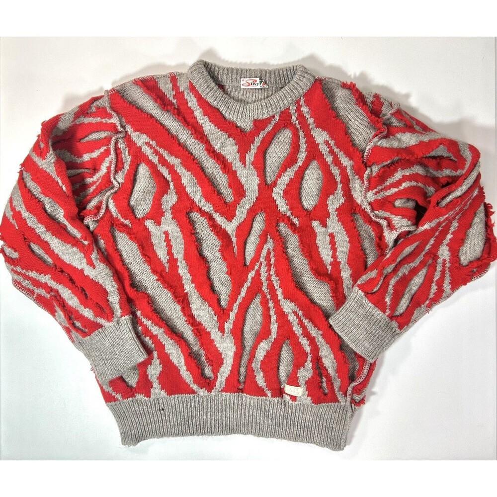 Vtg Silvy Tricot Sz 48 Gray Red Zebra Pattern Sweater, Italy